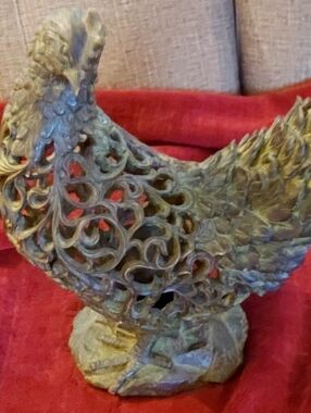 Green Patina Resin Rooster Sculpture